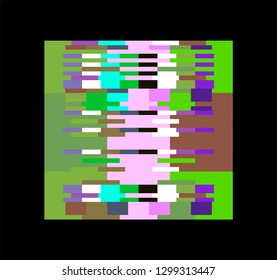 Glitch art logotype, frame, design element. Pixelated square on dark background. 