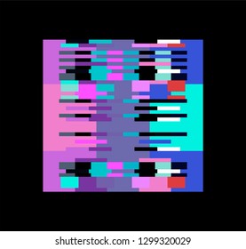 Glitch art logotype, frame, design element. Pixelated square on dark background. 