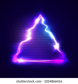 Glitch art with neon triangle glitched frame design. Distorted modern light background with glitch effect. Sign design with glow digital distortion signal, chaos random wave. Color vector illustration