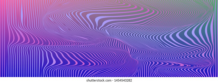 Glitch art pattern with moire effect. Vector abstract background in trendy neon holographic colors.