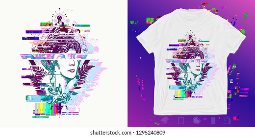 Glitch art. Print for t-shirts and another, trendy apparel design. Magic woman goddess Aphrodite. Science and education. Symbol of vapor wave, retro wave music 