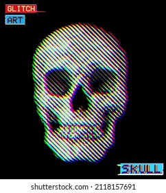 Glitch Art Skull. RGB line halftone skull from 3D rendering vector illustration isolated on black background.