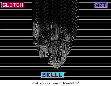 Glitch Art Skull. Vector black and white design of evaporating screaming skull in oscilloscope white line on black background from 3D rendering.