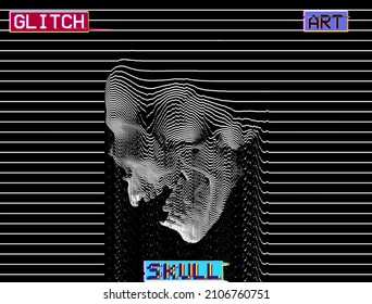Glitch Art Skull. Vector black and white design of disintegrating screaming skull in oscilloscope white line on black background from 3D rendering.
