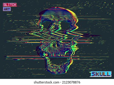 Cráneo de Arte Glitch. Ilustración vectorial, brillo digital del cráneo de semitono de punto gritando con un estilo gráfico corrupto brillante.