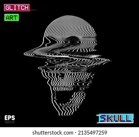 Glitch Art Skull. Vector illustration of digital glitch art screaming skull in oscilloscope white line on black background from 3D rendering in the style of old CRT TVs and VHS.