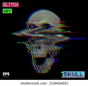 Glitch Art Skull. Vector illustration of digital glitch art screaming skull in oscilloscope RGB color mode line on black background from 3D rendering in the style of old CRT TVs and VHS.