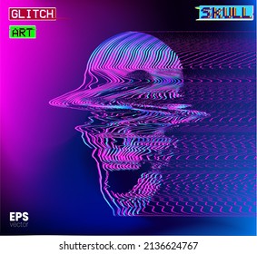 Glitch Art Skull. Vector illustration of digital glitch art screaming skull in oscilloscope in pink line on blue background from 3D rendering in the style of old CRT TVs and VHS.