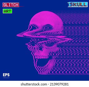 Cráneo de Arte Glitch. Ilustración vectorial del arte de glitch digital gritando cráneo en osciloscopio en línea rosa sobre fondo azul de representación 3D al estilo de televisores CRT antiguos y VHS.