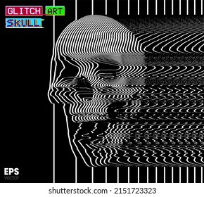 Glitch Art Skull. Vector illustration of digital glitch art screaming skull in oscilloscope white line on black background from 3D rendering in the style of old CRT TVs and VHS.