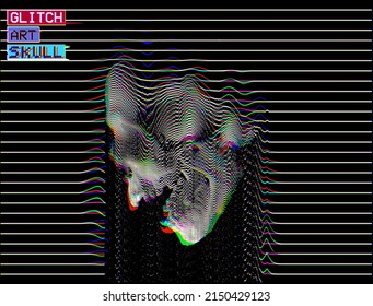 Glitch Art Skull. Vector RGB color offset design of disintegrating screaming skull oscilloscope white line in corrupted graphics CRT TV vintage style isolated on background from 3D rendering.