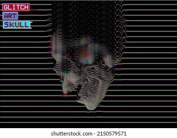 Glitch Art Skull. Vector RGB color offset design of evaporating screaming skull oscilloscope white line in corrupted graphics CRT TV vintage style isolated on background from 3D rendering.