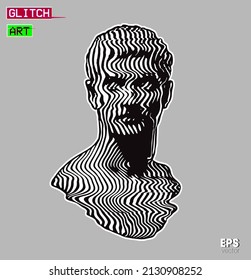 Glitch Art. Vector black and white striped and glitched pattern illustration from 3D rendering of classical head bust sculpture isolated on grey background. 