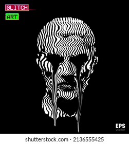 Glitch Art. Vector black and white striped pattern illustration from 3D rendering of classical head sculpture crying black tears isolated on black background. 