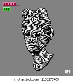 Glitch Art. Vector black and white striped and glitched pattern illustration from 3D rendering of classical female head bust sculpture isolated on grey background. 