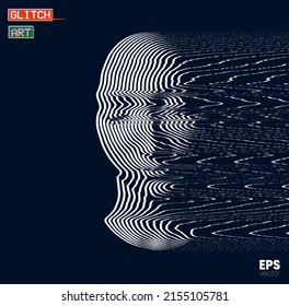 Glitch Art. Vector corrupted graphics concept illustration in black and white illustration from 3d rendering of female face in oscillator line halftone style and isolated on black background.