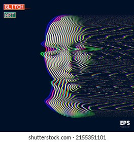 Glitch Art. Vector corrupted graphics concept illustration in RGB color offset illustration from 3d rendering of female face in oscillator glitch deformed line halftone style.