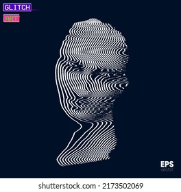 Glitch Art. Vector corrupted graphics illustration from 3D rendering of female classical head sculpture in oscillator white line halftone style on black background.