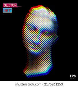 Glitch Art. Vector glitch corrupted RGB color mode offset illustration from 3D rendering of female classical head sculpture in tilted line halftone style isolated on black background.