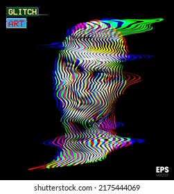 Glitch Art. Vector glitch corrupted RGB color mode offset illustration from 3D rendering of female classical head sculpture in wavy line halftone style isolated on black background.