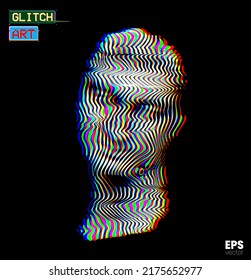 Glitch Art. Vector glitch corrupted RGB color mode offset illustration from 3D rendering of female classical head sculpture in wavy line halftone style isolated on black background.