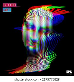 Glitch Art. Vector glitch corrupted RGB color mode offset illustration from 3D rendering of female classical head sculpture in vertical line halftone style isolated on black background.