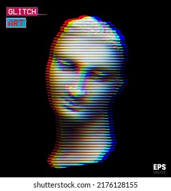 Glitch Art. Vector glitch corrupted RGB color mode offset illustration from 3D rendering of female classical head sculpture in horizontal line halftone style isolated on black background.