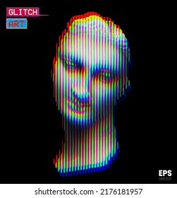 Glitch Art. Vector glitch corrupted RGB color mode offset illustration from 3D rendering of female classical head sculpture in vertical line halftone style isolated on black background.