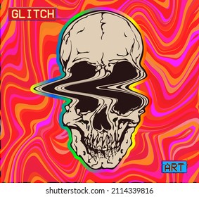 Glitch Art. Vector illustration of psychedelic glitched skull zig zag deformed in the style of corrupted retro graphics on colorful stripes background.