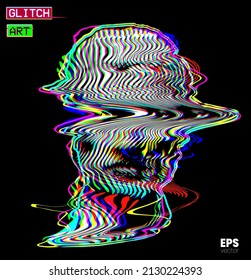 Glitch Art. Vector RGB color offset mode striped and glitch deformed pattern illustration from 3D rendering of classical head sculpture isolated on black background. 