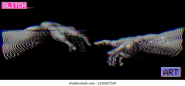 Glitch Art vector RGB color offset oscilloscope line halftone and CRT TV corrupted graphics style illustration of hands reaching isolated on black background.