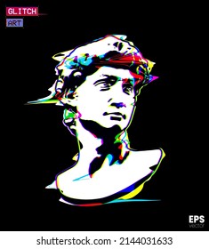 Glitch Art. Vector RGB offset color glitch mode illustration in flat minimalist logo style icon of classical male head sculpture isolated on background.