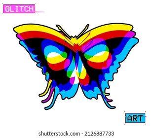 Glitch Art. Vector skull butterfly silhouette in CMYK color mode offset channels in the style of misprints and vintage paper misprints.