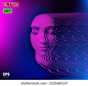 Glitch Art. Vector vaporwave pink and blue style illustration from 3d rendering of female face in oscillator line halftone style and isolated on background.