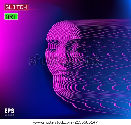 Glitch Art. Vector vaporwave pink and blue style illustration from 3d rendering of female face in oscillator line halftone style and isolated on background.