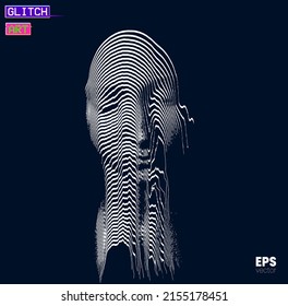Glitch Art. Vector vertical corrupted graphics concept illustration in black and white illustration from 3d rendering of female face in oscillator line halftone style and isolated on black background.