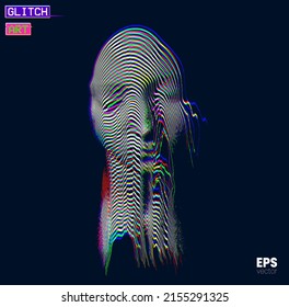 Glitch Art. Vector vertical corrupted graphics concept illustration in black and white illustration from 3d rendering of female face in oscillator line halftone style and isolated on black background.
