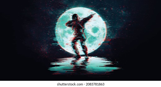 Glitch astronaut on the background of the moon and space. Digital pixel noise abstract design. Vector illustration