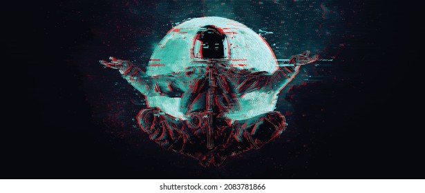 Glitch astronaut on the background of the moon and space. Digital pixel noise abstract design. Vector illustration