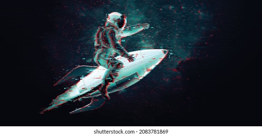 Glitch Astronaut On The Background Of The Moon And Space. Digital Pixel Noise Abstract Design. Vector Illustration