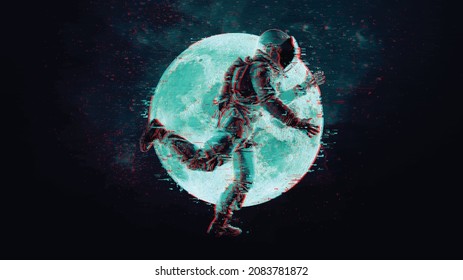 Glitch astronaut on the background of the moon and space. Digital pixel noise abstract design. Vector illustration