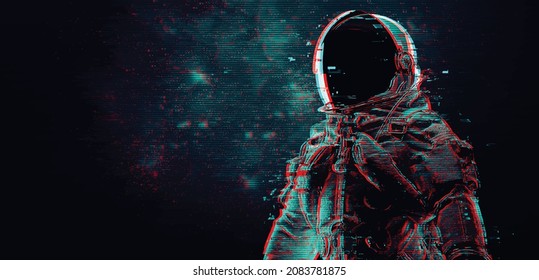 Glitch astronaut on the background of the moon and space. Digital pixel noise abstract design. Vector illustration