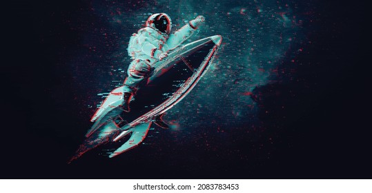 Glitch Astronaut On The Background Of The Moon And Space. Digital Pixel Noise Abstract Design. Vector Illustration