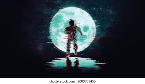 Glitch Astronaut On The Background Of The Moon And Space. Digital Pixel Noise Abstract Design. Vector Illustration