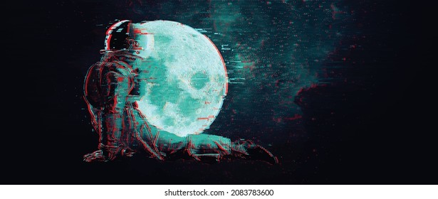 Astronauta con un brillo en el fondo de la luna y el espacio. Diseño abstracto de ruido de píxel digital. Ilustración del vector