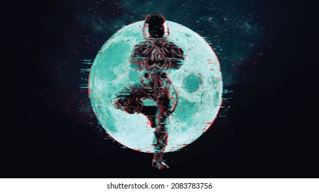 Glitch astronaut on the background of the moon and space. Digital pixel noise abstract design. Vector illustration