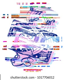 Glitch audio cassette and music notes tattoo and t-shirt design. Symbol of retro music, nostalgia, 80th and 90th 