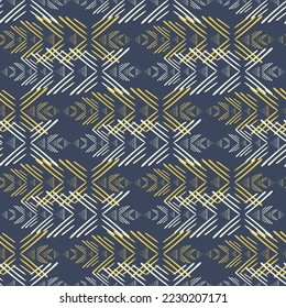 Glitch aztec geometric vector seamless pattern background. Blue backdrop with hand drawn horizontal decorative motifs. Parallel symmetrical carpet effect repeat for packaging. presentation, business