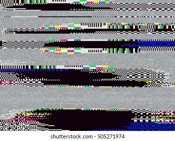 Glitch background. Computer screen error. Digital pixel noise abstract design. Video game glitch. Television signal fail. Data decay. Technical problem grunge wallpaper.