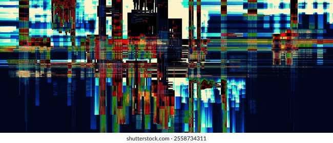 Glitch background. Digital colorful distortion with pixelated interference and corrupted screen visuals. Abstract noise effect, error signal, television technical problem. Vector illustration.